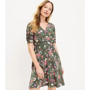 LOFT Country Garden Puff Sleeve V- Neck Dress - Green Floral